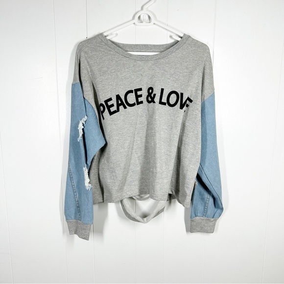NEW Jolie & Joy Jeans Gray Peace Love Distressed Plus Size Sweatshirt 2X - Picture 1 of 8